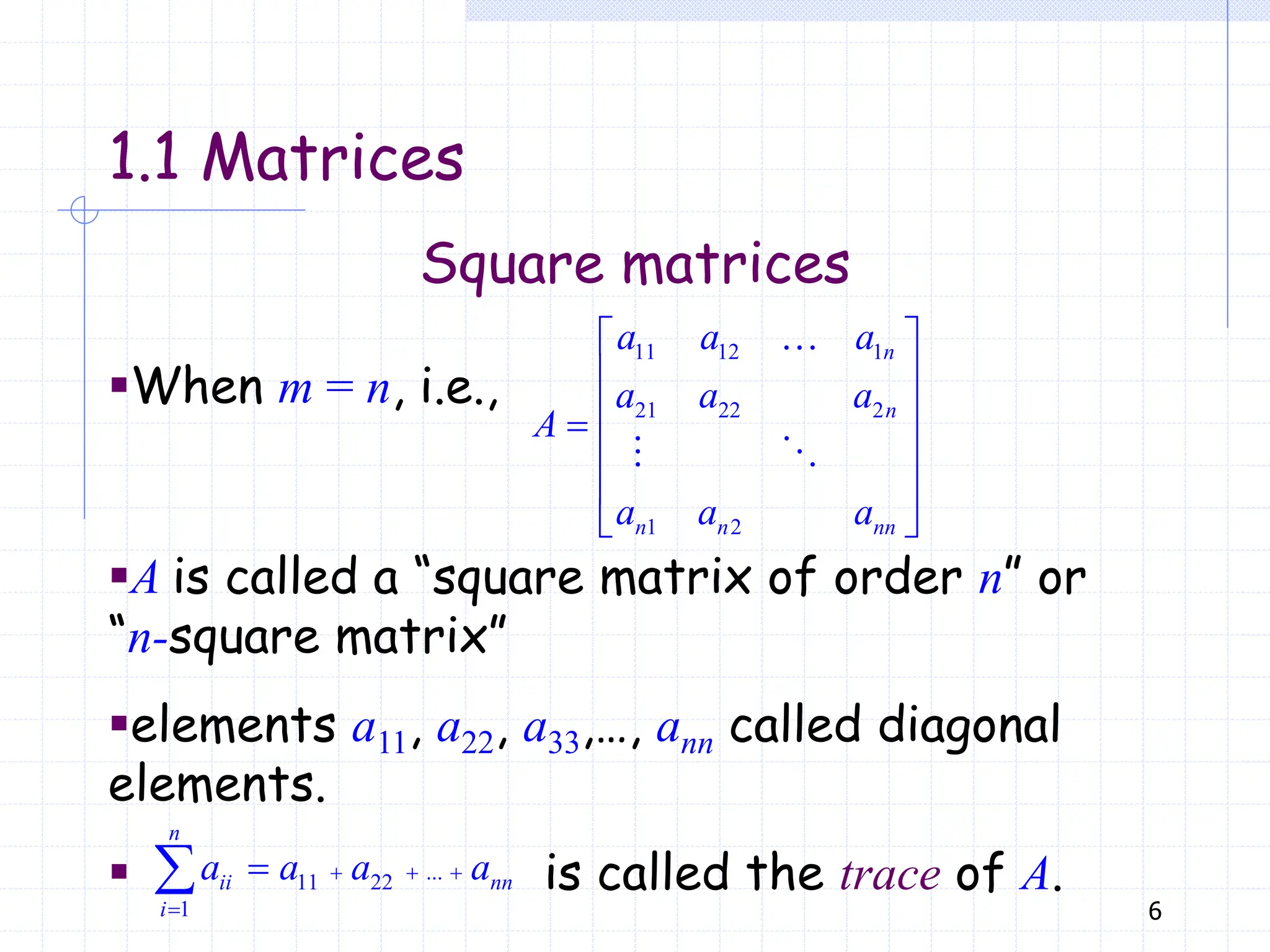 6
Square matrices
▪When m = n, i.e.,
▪A is called a “square matrix of order n” or
“n-square matrix”
▪elements a11, a22, a33,…, ann called diagonal
elements.
▪ is called the trace of A.
11 12 1
21 22 2
1 2
 
 
 

 
 
 
n
n
n n nn
a a a
a a a
A
a a a
...
11 22
1
  



n
ii nn
i
a a a a
1.1 Matrices
 