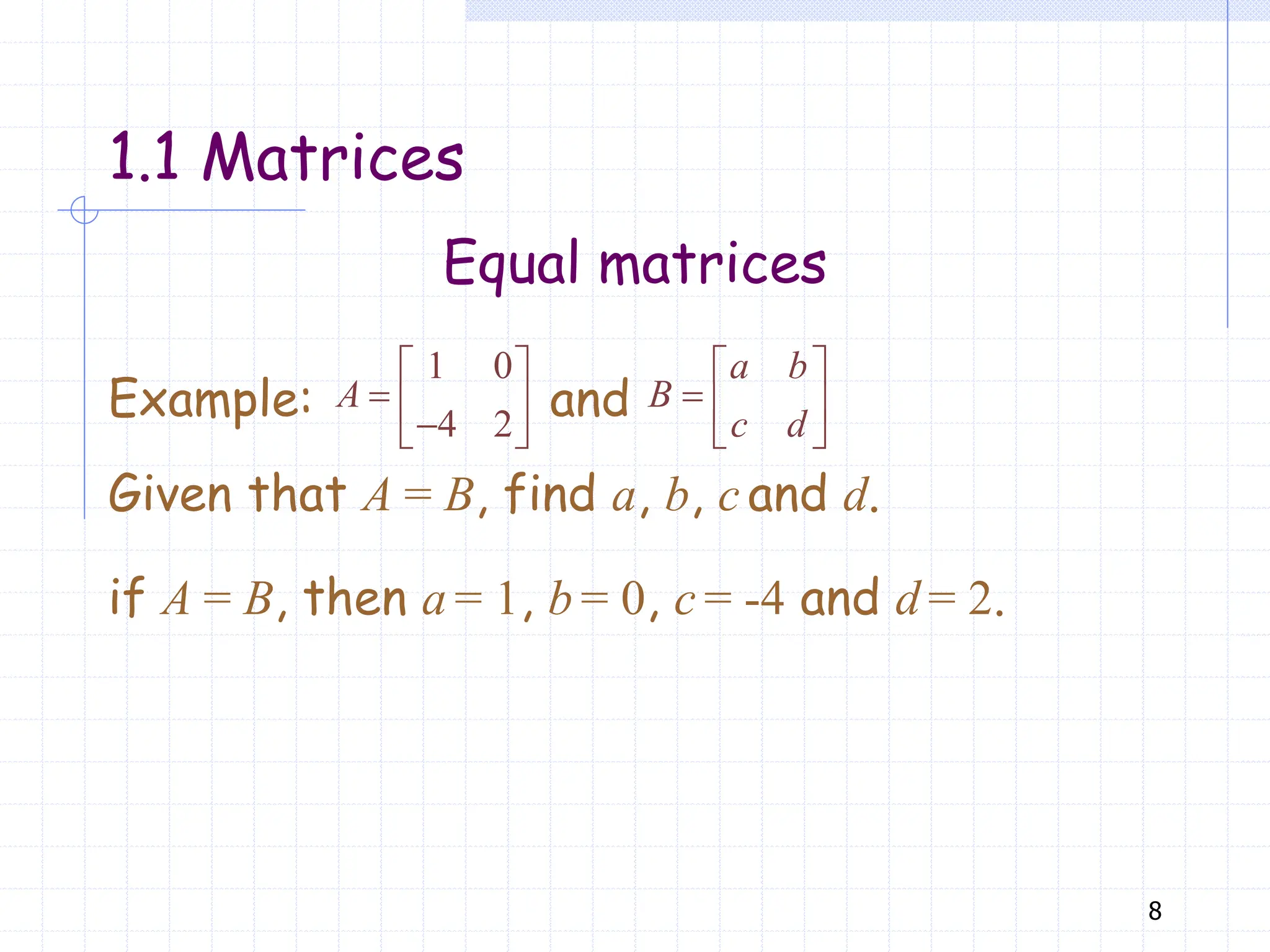 8
Equal matrices
Given that A = B, find a, b, c and d.
1.1 Matrices
1 0
4 2
A
 
  

 
a b
B
c d
 
  
 
Example: and
if A = B, then a = 1, b = 0, c = -4 and d = 2.
 