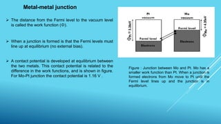 Metal-metal junction
Figure : Junction between Mo and Pt. Mo has a
smaller work function than Pt. When a junction is
formed electrons from Mo move to Pt until the
Fermi level lines up and the junction is in
equilibrium.
 The distance from the Fermi level to the vacuum level
is called the work function (Φ).
 When a junction is formed is that the Fermi levels must
line up at equilibrium (no external bias).
 A contact potential is developed at equilibrium between
the two metals. This contact potential is related to the
difference in the work functions, and is shown in figure.
For Mo-Pt junction the contact potential is 1.16 V .
 