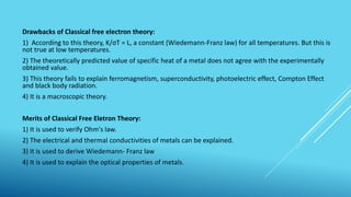 Drawbacks of Classical free electron theory:
1) According to this theory, K/σT = L, a constant (Wiedemann-Franz law) for all temperatures. But this is
not true at low temperatures.
2) The theoretically predicted value of specific heat of a metal does not agree with the experimentally
obtained value.
3) This theory fails to explain ferromagnetism, superconductivity, photoelectric effect, Compton Effect
and black body radiation.
4) It is a macroscopic theory.
Merits of Classical Free Eletron Theory:
1) It is used to verify Ohm's law.
2) The electrical and thermal conductivities of metals can be explained.
3) It is used to derive Wiedemann- Franz law
4) It is used to explain the optical properties of metals.
 