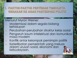 Menurut Myron Weiner:
a. Modernisasi dalam segala bidang
kehidupan
b. Perubahan-perubahan struktur kelas sosial
c. Pengaruh kaum intelektual dan komunikasi
masa modern
d. Konflik antar kelompok pemimpin politik
e. Keterlibatan pemerintah yang meluas
dalam urusan sosial, ekonomi dan
kebudayaan.
 