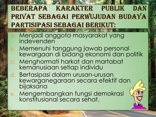 a. Menjadi anggota masyarakat yang
indevenden
b. Memenuhi tanggung jawab personal
kewargaan di bidang ekonomi dan politik
c. Menghormati harkat dan martabat
kemanusiaan setiap individu
d. Bertasipasi dalam urusan-urusan
kewarganegaraan secara efektif dan
bijaksana
e. Mengembangkan fungsi demokrasi
konstitusional secara sehat.
 