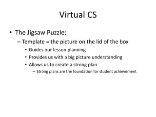 Virtual CS
• The Jigsaw Puzzle:
  – Template = the picture on the lid of the box
     • Guides our lesson planning
     • Provides us with a big picture understanding
     • Allows us to create a strong plan
        – Strong plans are the foundation for student achievement
 