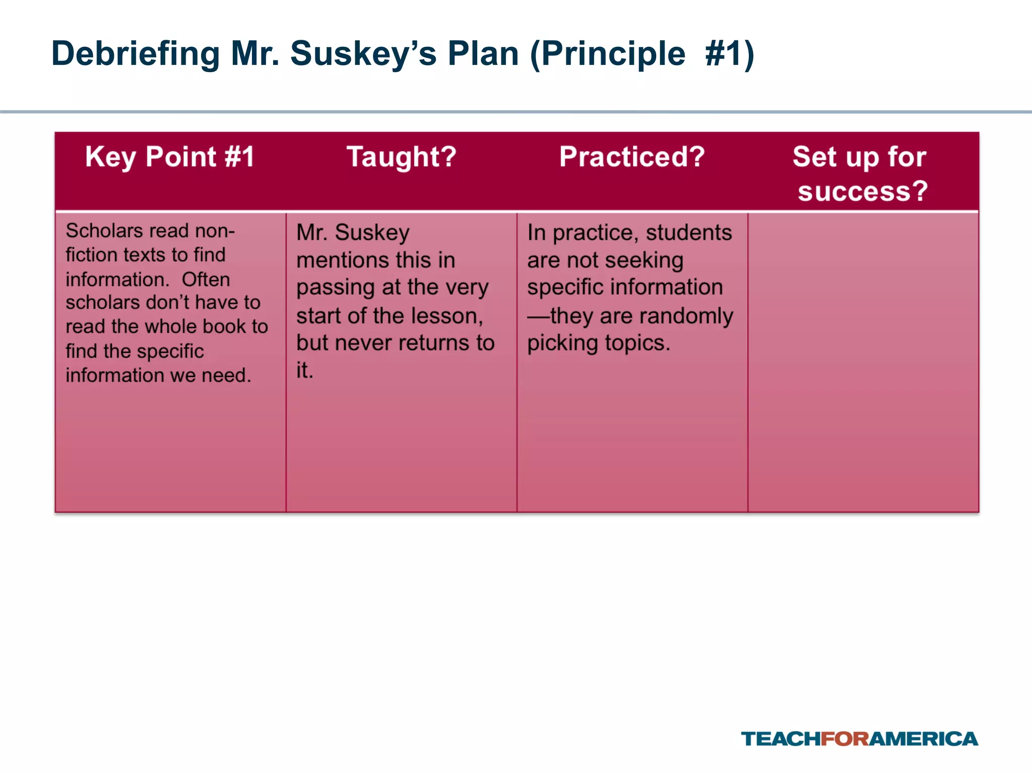 Debriefing Mr. Suskey’s Plan (Principle  #1) 