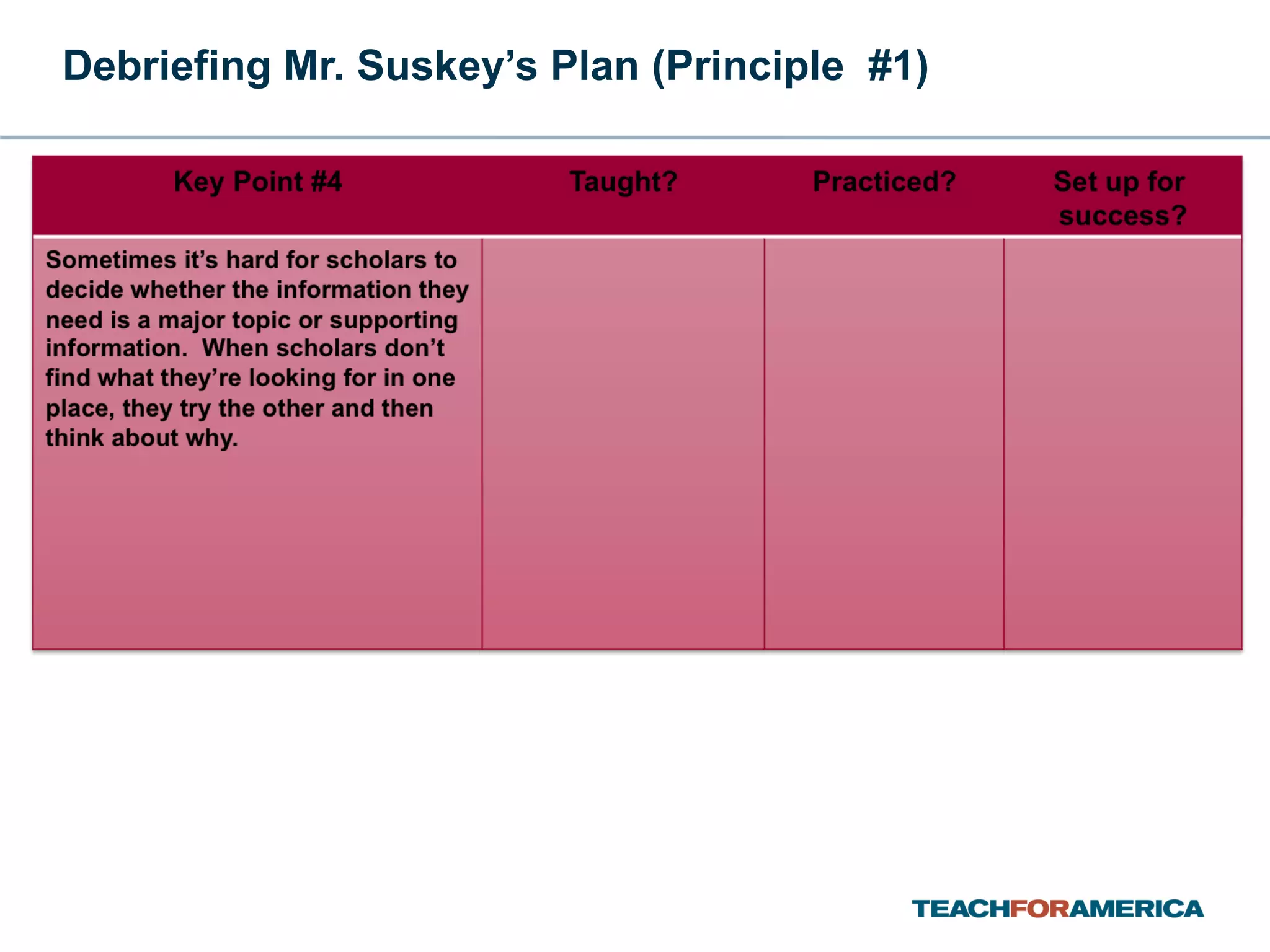 Debriefing Mr. Suskey’s Plan (Principle  #1) 