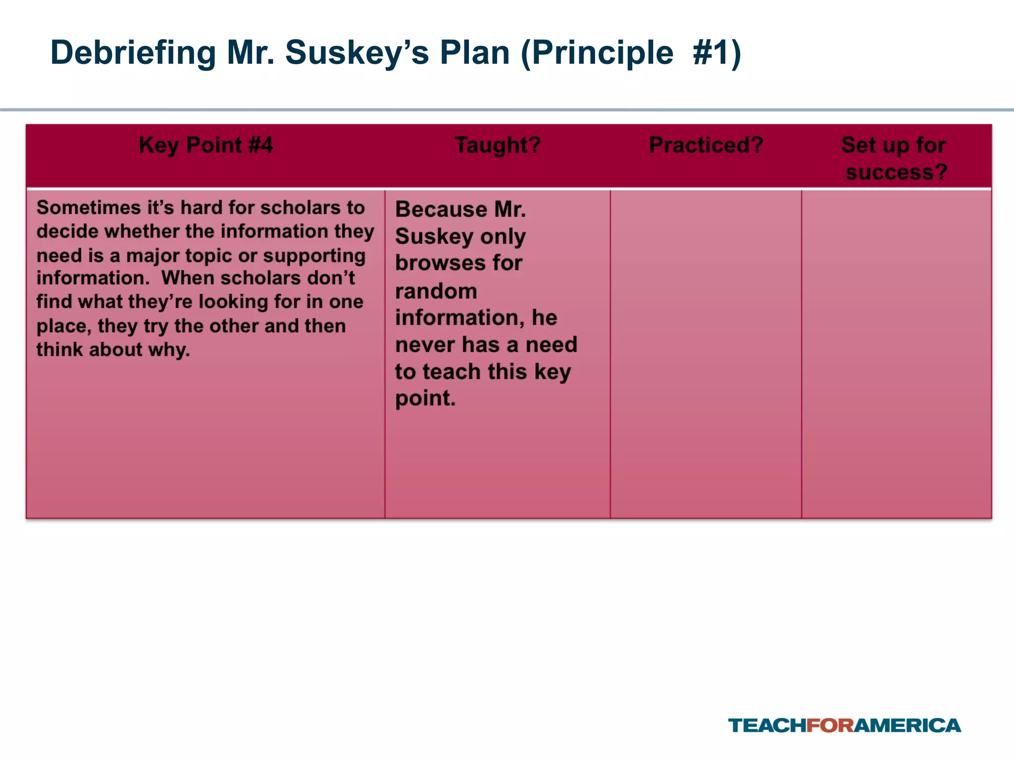 Debriefing Mr. Suskey’s Plan (Principle  #1) 