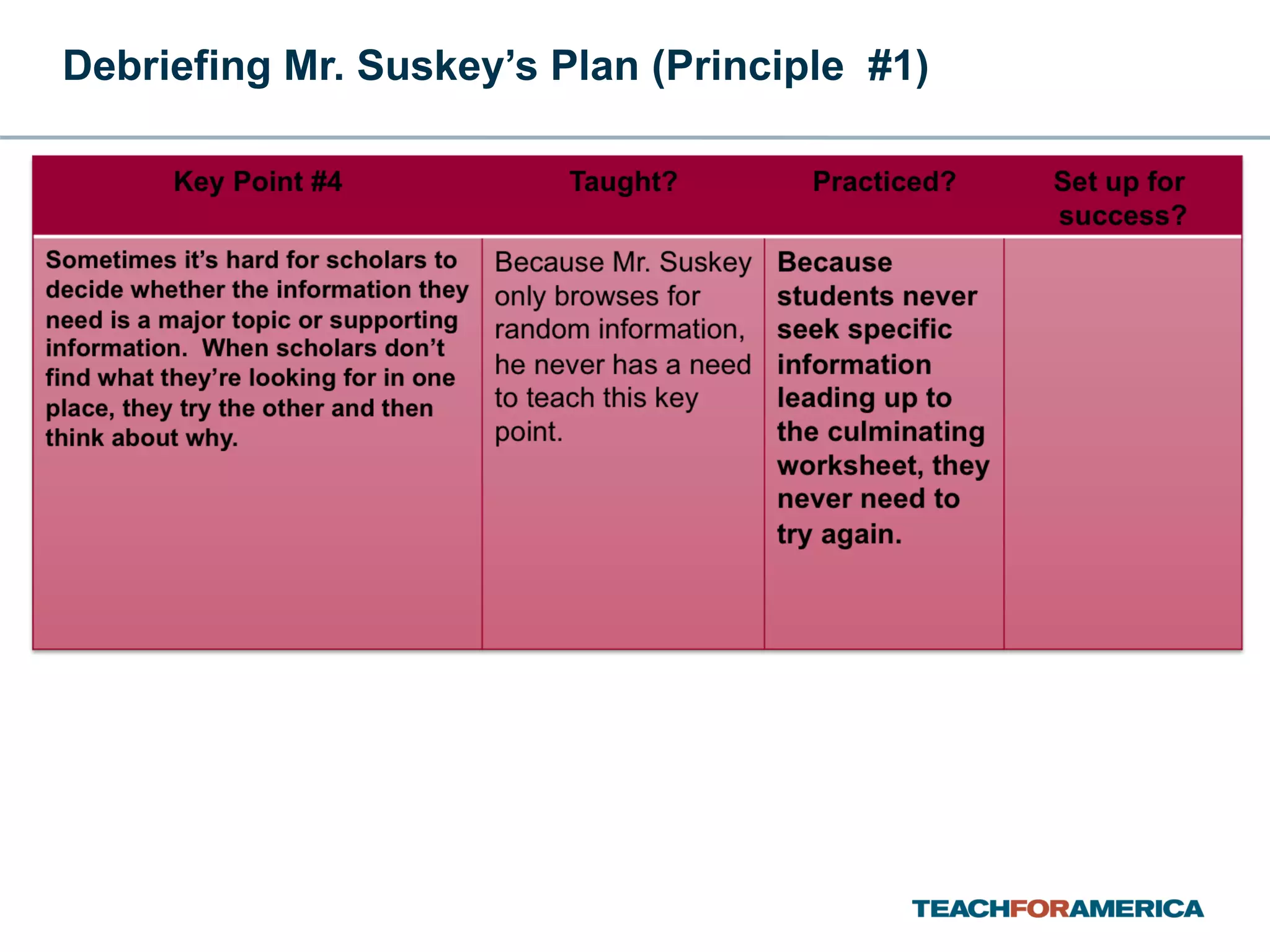 Debriefing Mr. Suskey’s Plan (Principle  #1) 