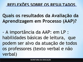 SECRETARIA DA EDUCAÇÃO
REFLEXÕES SOBRE OS RESULTADOS
Quais os resultados da Avaliação da
Aprendizagem em Processo (AAP)?
- A importância da AAP: em LP :
habilidades básicas de leitura, que
podem ser alvo da atuação de todos
os professores (texto verbal e não
verbal)
 