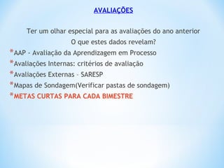 AVALIAÇÕES
Ter um olhar especial para as avaliações do ano anterior
O que estes dados revelam?
*AAP - Avaliação da Aprendizagem em Processo
*Avaliações Internas: critérios de avaliação
*Avaliações Externas – SARESP
*Mapas de Sondagem(Verificar pastas de sondagem)
*METAS CURTAS PARA CADA BIMESTRE
 