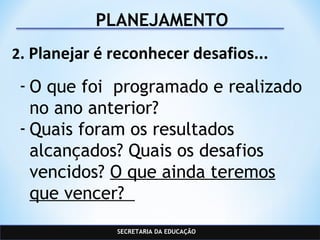 SECRETARIA DA EDUCAÇÃO
PLANEJAMENTO
2. Planejar é reconhecer desafios...
- O que foi programado e realizado
no ano anterior?
- Quais foram os resultados
alcançados? Quais os desafios
vencidos? O que ainda teremos
que vencer?
 
 