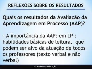 SECRETARIA DA EDUCAÇÃO
REFLEXÕES SOBRE OS RESULTADOS
Quais os resultados da Avaliação da
Aprendizagem em Processo (AAP)?
- A importância da AAP: em LP :
habilidades básicas de leitura, que
podem ser alvo da atuação de todos
os professores (texto verbal e não
verbal)
 