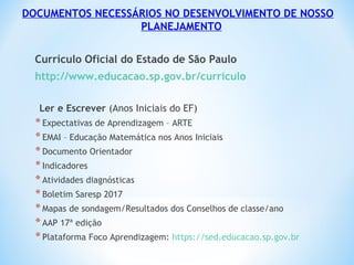 DOCUMENTOS NECESSÁRIOS NO DESENVOLVIMENTO DE NOSSO
PLANEJAMENTO
Currículo Oficial do Estado de São Paulo
http://www.educacao.sp.gov.br/curriculo
Ler e Escrever (Anos Iniciais do EF)
*Expectativas de Aprendizagem – ARTE
*EMAI – Educação Matemática nos Anos Iniciais
*Documento Orientador
*Indicadores
*Atividades diagnósticas
*Boletim Saresp 2017
*Mapas de sondagem/Resultados dos Conselhos de classe/ano
*AAP 17ª edição
*Plataforma Foco Aprendizagem: https://sed.educacao.sp.gov.br
 