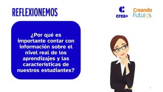 4
4
REFLEXIONEMOS
¿Por qué es
importante contar con
información sobre el
nivel real de los
aprendizajes y las
características de
nuestros estudiantes?
 