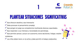 1
PLANTEAR SITUACIONES SIGNIFICATIVAS
 Que ofrezcan desafíos y sea interesante
 Debe promover el pensamiento complejo
 Que pongan en juego sus competencias movilizando diversas capacidades.
 Que respondan a sus intereses y necesidades de aprendizaje,
 Que permitan pensar y actuar con autonomía, tomar decisiones, indagar, resolver
problemas.
 Los niños deben tener un rol activo y debe permitir el trabajo colaborativo
 