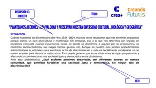 SITUACIÓN
Cuando hablamos del bicentenario del Perú 2021 -2024, muchas veces resaltamos que nos sentimos orgullosos
porque somos un país pluricultural y multilingüe. Sin embargo, eso a lo que nos referimos con orgullo, en
ocasiones contrasta cuando escuchamos casos en donde se discrimina a alguien por su procedencia, su
condición socioeconómica, sus rasgos físicos, género, etc. Aunque en nuestro país existen procedimientos
administrativos o judiciales para sancionar actos de discriminación y esta es socialmente condenada, no se
suelen emplear para denunciar estos actos. Esto puede generar que estas situaciones se sigan perpetuando y
afectando la convivencia en una sociedad justa y democrática entre ciudadanos.
Ante esta problemática, ¿Qué acciones podemos desarrollar, con diferentes actores de nuestra
comunidad, que permitan fortalecer una sociedad justa y democrática, sin ningún tipo de
discriminación?
TÍTULO
RETO
“PLANTEAMOSACCIONESPARAVALORARYPRESERVARNUESTRADIVERSIDADCULTURAL,BIOLÓGICAYGEOGRÁFICA”
DESCRIPCIÓNDEL
CONTEXTO
 