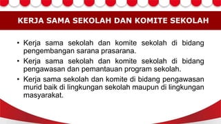 KERJA SAMA SEKOLAH DAN KOMITE SEKOLAH
• Kerja sama sekolah dan komite sekolah di bidang
pengembangan sarana prasarana.
• Kerja sama sekolah dan komite sekolah di bidang
pengawasan dan pemantauan program sekolah.
• Kerja sama sekolah dan komite di bidang pengawasan
murid baik di lingkungan sekolah maupun di lingkungan
masyarakat.
 