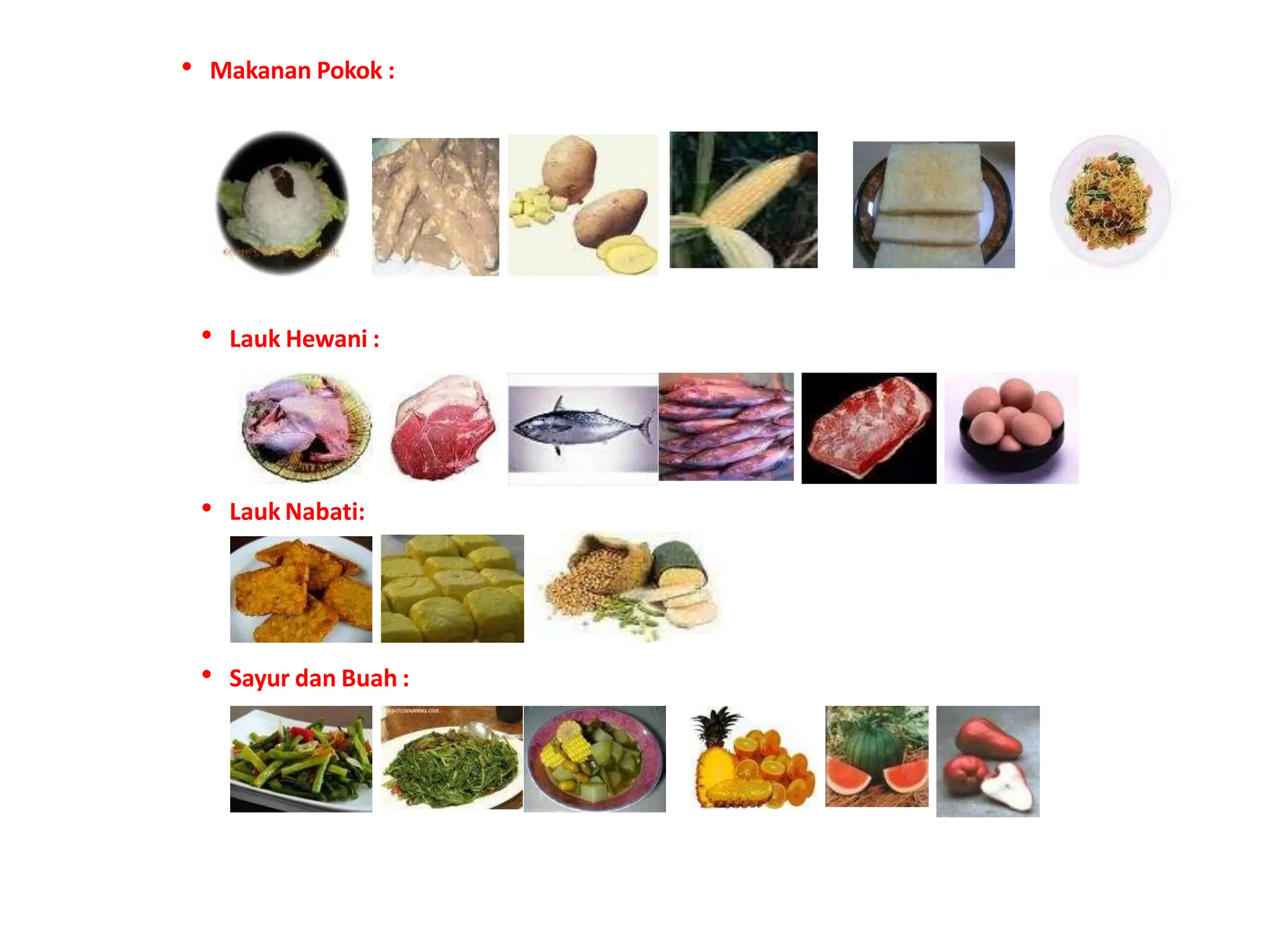 1
3
• Makanan Pokok :
• Lauk Hewani :
• Lauk Nabati:
• Sayur dan Buah :
 