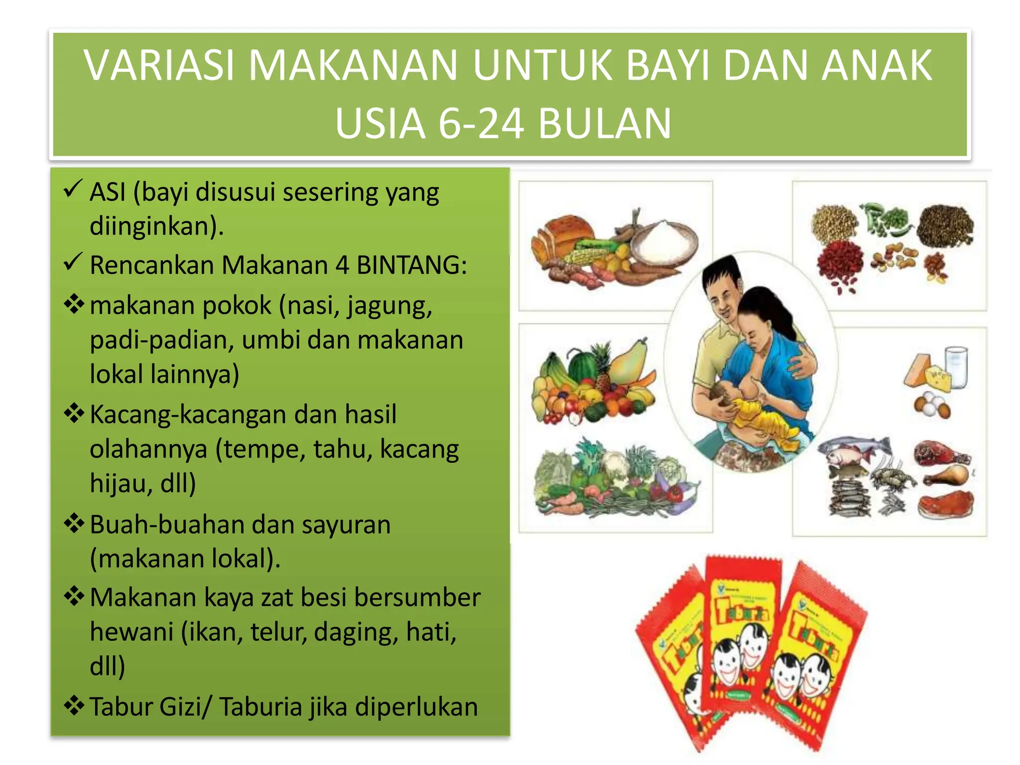 VARIASI MAKANAN UNTUK BAYI DAN ANAK
USIA 6-24 BULAN
 ASI (bayi disusui sesering yang
diinginkan).
 Rencankan Makanan 4 BINTANG:
makanan pokok (nasi, jagung,
padi-padian, umbi dan makanan
lokal lainnya)
Kacang-kacangan dan hasil
olahannya (tempe, tahu, kacang
hijau, dll)
Buah-buahan dan sayuran
(makanan lokal).
Makanan kaya zat besi bersumber
hewani (ikan, telur, daging, hati,
dll)
Tabur Gizi/ Taburia jika diperlukan
 