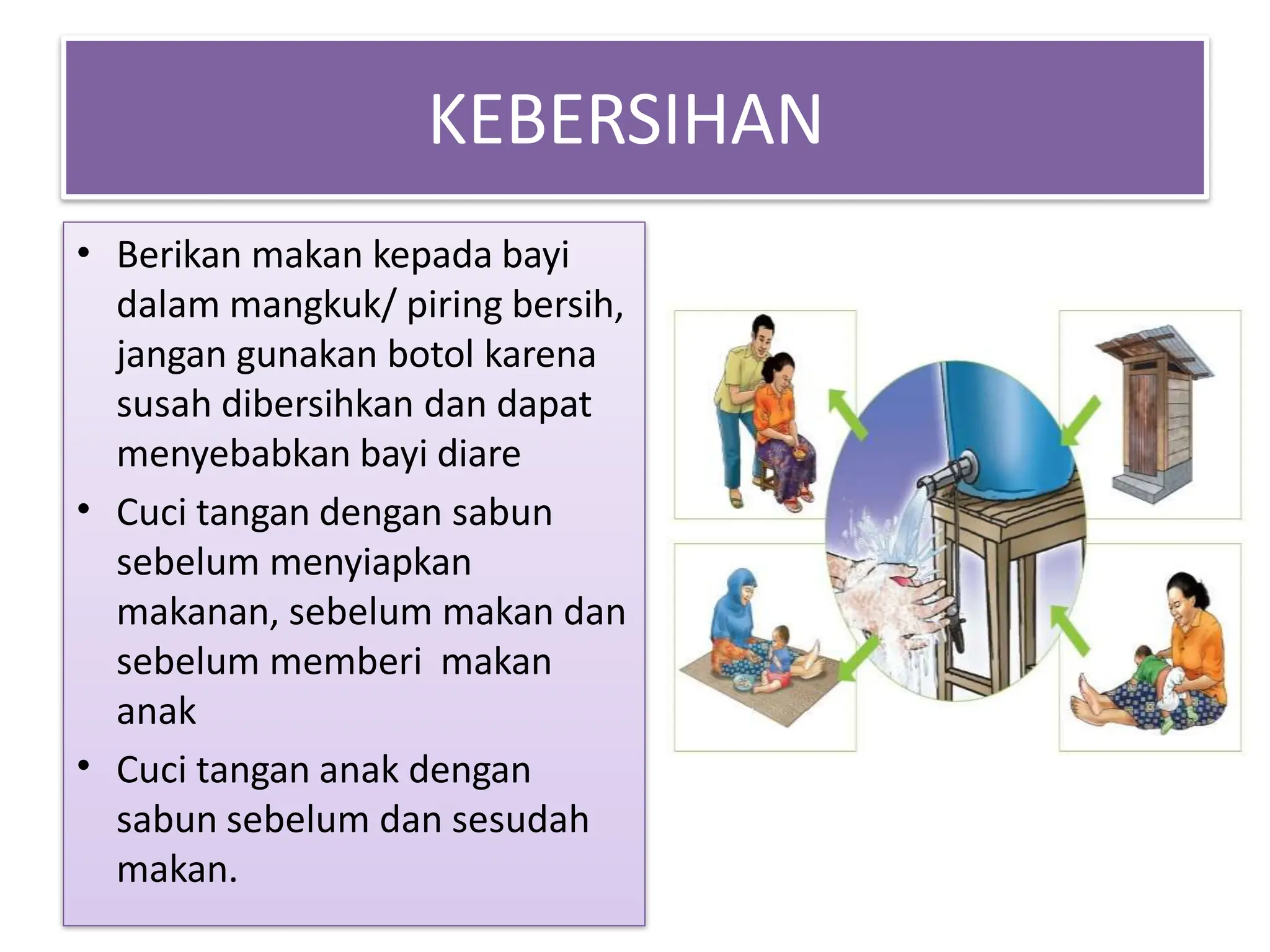 KEBERSIHAN
•
•
•
Berikan makan kepada bayi
dalam mangkuk/ piring bersih,
jangan gunakan botol karena
susah dibersihkan dan dapat
menyebabkan bayi diare
Cuci tangan dengan sabun
sebelum menyiapkan
makanan, sebelum makan dan
sebelum memberi makan
anak
Cuci tangan anak dengan
sabun sebelum dan sesudah
makan.
 