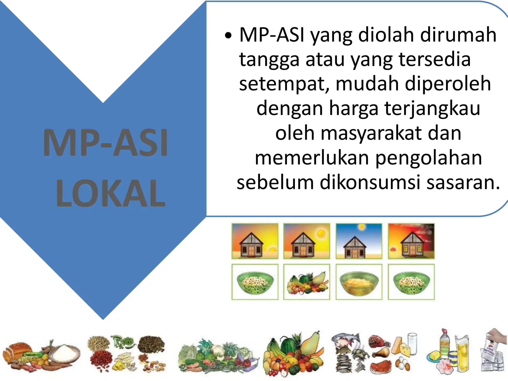 • MP-ASI yang diolah dirumah
tangga atau yang tersedia
setempat, mudah diperoleh
dengan harga terjangkau
oleh masyarakat dan
memerlukan pengolahan
sebelum dikonsumsi sasaran.
MP-ASI
LOKAL
 