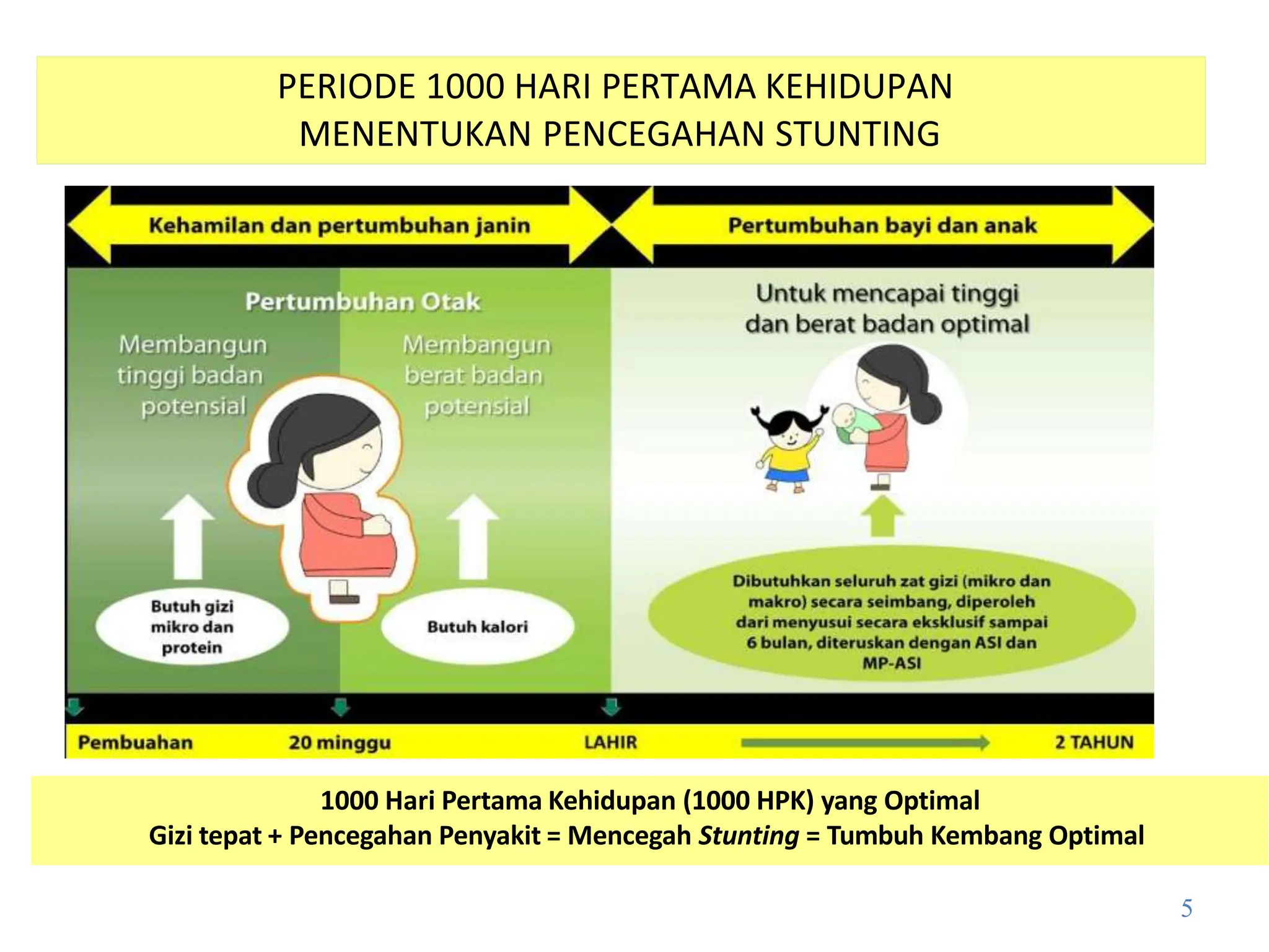PERIODE 1000 HARI PERTAMA KEHIDUPAN
MENENTUKAN PENCEGAHAN STUNTING
1000 Hari Pertama Kehidupan (1000 HPK) yang Optimal
Gizi tepat + Pencegahan Penyakit = Mencegah Stunting = Tumbuh Kembang Optimal
5
 