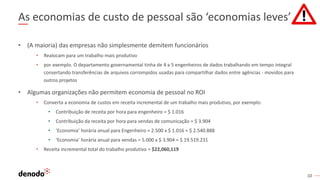 10
As economias de custo de pessoal são ‘economias leves’
• (A maioria) das empresas não simplesmente demitem funcionários
• Realocam para um trabalho mais produtivo
• por exemplo. O departamento governamental tinha de 4 a 5 engenheiros de dados trabalhando em tempo integral
consertando transferências de arquivos corrompidos usadas para compartilhar dados entre agências - movidos para
outros projetos
• Algumas organizações não permitem economia de pessoal no ROI
• Converta a economia de custos em receita incremental de um trabalho mais produtivo, por exemplo:
• Contribuição de receita por hora para engenheiro = $ 1.016
• Contribuição da receita por hora para vendas de comunicação = $ 3.904
• ‘Economia’ horária anual para Engenheiro = 2.500 x $ 1.016 = $ 2.540.888
• ‘Economia’ horária anual para vendas = 5.000 x $ 3.904 = $ 19.519.231
• Receita incremental total do trabalho produtivo = $22,060,119
 