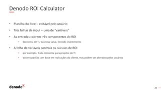 20
Denodo ROI Calculator
• Planilha do Excel - editável pelo usuário
• Três folhas de input + uma de “variáveis”
• As entradas cobrem três componentes do ROI
• Economia de TI, business value, Denodo investimento
• A folha de variáveis ​​controla os cálculos de ROI
• por exemplo. % de economia para projetos de TI
• Valores padrão com base em realizações do cliente, mas podem ser alterados pelos usuários
 