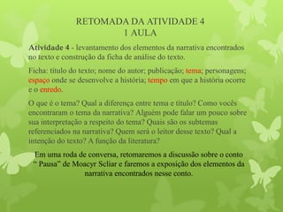 RETOMADA DA ATIVIDADE 4
1 AULA
Atividade 4 - levantamento dos elementos da narrativa encontrados
no texto e construção da ficha de análise do texto.
Ficha: título do texto; nome do autor; publicação; tema; personagens;
espaço onde se desenvolve a história; tempo em que a história ocorre
e o enredo.
O que é o tema? Qual a diferença entre tema e título? Como vocês
encontraram o tema da narrativa? Alguém pode falar um pouco sobre
sua interpretação a respeito do tema? Quais são os subtemas
referenciados na narrativa? Quem será o leitor desse texto? Qual a
intenção do texto? A função da literatura?
Em uma roda de conversa, retomaremos a discussão sobre o conto
“ Pausa” de Moacyr Scliar e faremos a exposição dos elementos da
narrativa encontrados nesse conto.
 