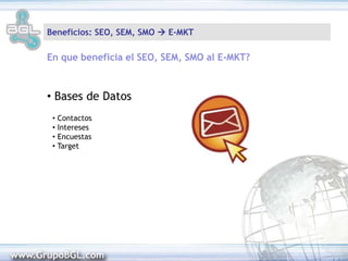 Beneficios: SEO  SEMEn que beneficia el Posicionamiento Orgánico (SEO) a los Enlaces Patrocinados (SEM)? Landing Pages / Paginas de Destino