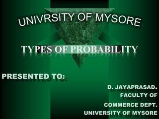 TYPES OF PROBABILITY
PRESENTED TO:
D. JAYAPRASAD.

FACULTY OF
COMMERCE DEPT.
UNIVERSITY OF MYSORE

 