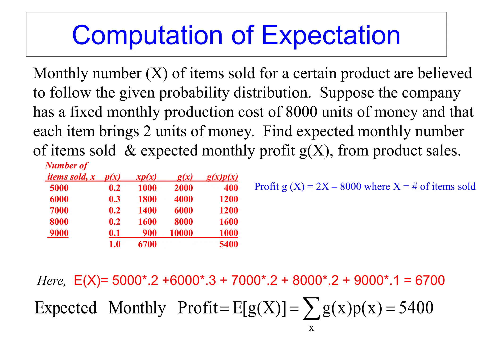 10
Number of
items sold, x p(x) xp(x) g(x) g(x)p(x)
5000 0.2 1000 2000 400
6000 0.3 1800 4000 1200
7000 0.2 1400 6000 1200
8000 0.2 1600 8000 1600
9000 0.1 900 10000 1000
1.0 6700 5400
Monthly number (X) of items sold for a certain product are believed
to follow the given probability distribution. Suppose the company
has a fixed monthly production cost of 8000 units of money and that
each item brings 2 units of money. Find expected monthly number
of items sold & expected monthly profit g(X), from product sales.
5400
)
x
(
p
)
x
(
g
)]
X
(
g
[
E
Profit
Monthly
Expected
x


 
Here, E(X)= 5000*.2 +6000*.3 + 7000*.2 + 8000*.2 + 9000*.1 = 6700
Computation of Expectation
Profit g (X) = 2X – 8000 where X = # of items sold
 
