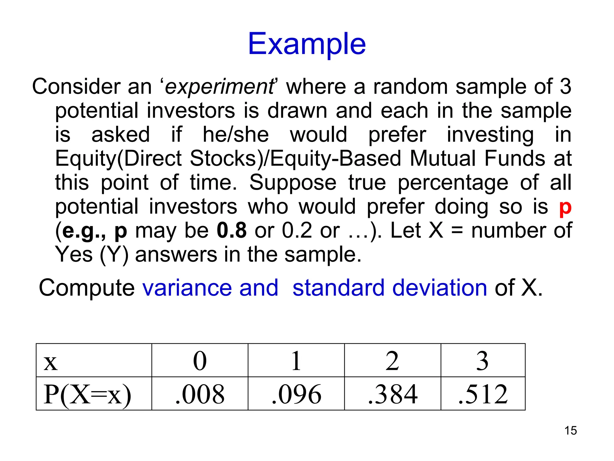 15
Example
Consider an ‘experiment’ where a random sample of 3
potential investors is drawn and each in the sample
is asked if he/she would prefer investing in
Equity(Direct Stocks)/Equity-Based Mutual Funds at
this point of time. Suppose true percentage of all
potential investors who would prefer doing so is p
(e.g., p may be 0.8 or 0.2 or …). Let X = number of
Yes (Y) answers in the sample.
Compute variance and standard deviation of X.
x 0 1 2 3
P(X=x) .008 .096 .384 .512
 