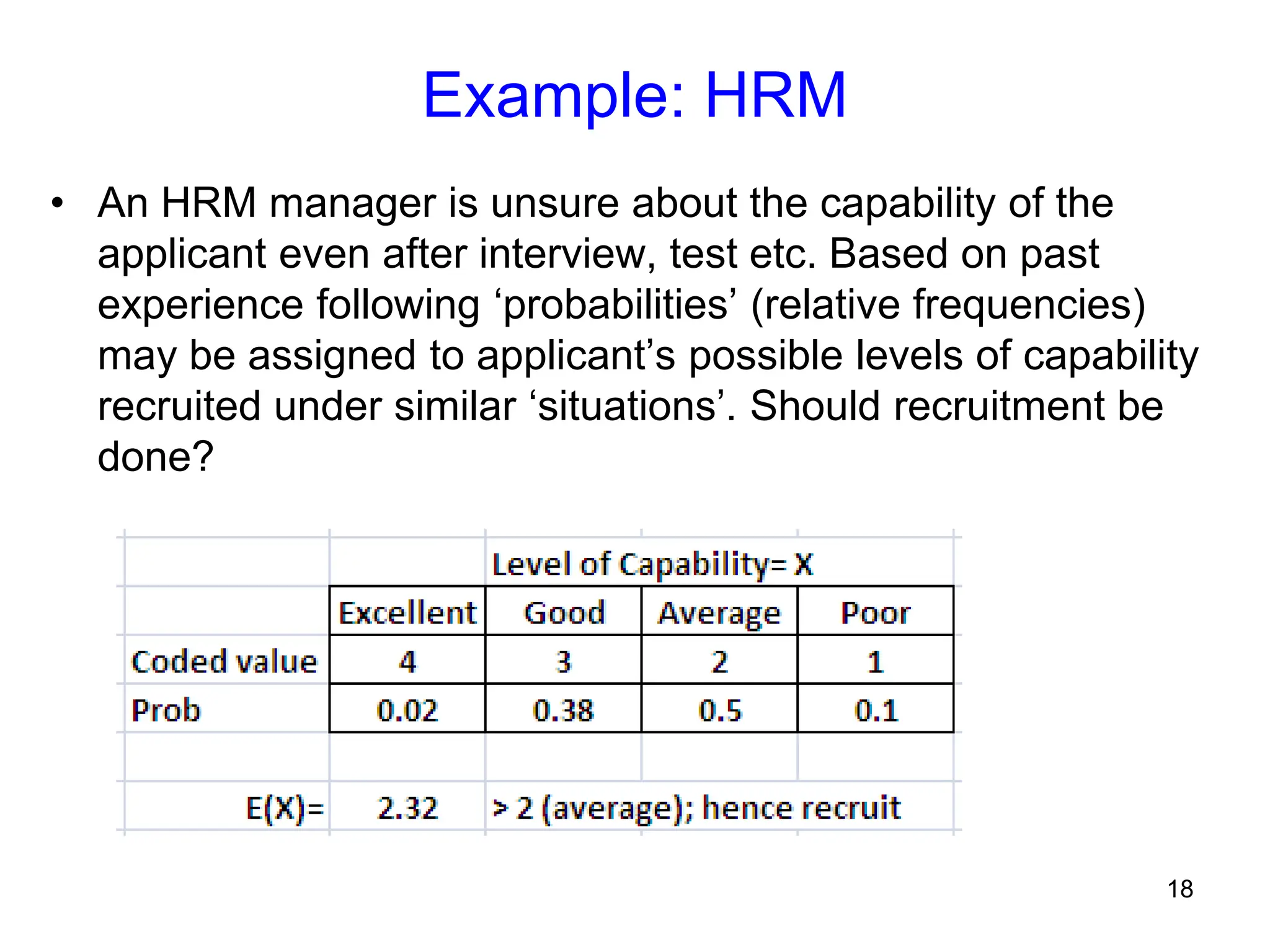 18
Example: HRM
• An HRM manager is unsure about the capability of the
applicant even after interview, test etc. Based on past
experience following ‘probabilities’ (relative frequencies)
may be assigned to applicant’s possible levels of capability
recruited under similar ‘situations’. Should recruitment be
done?
 