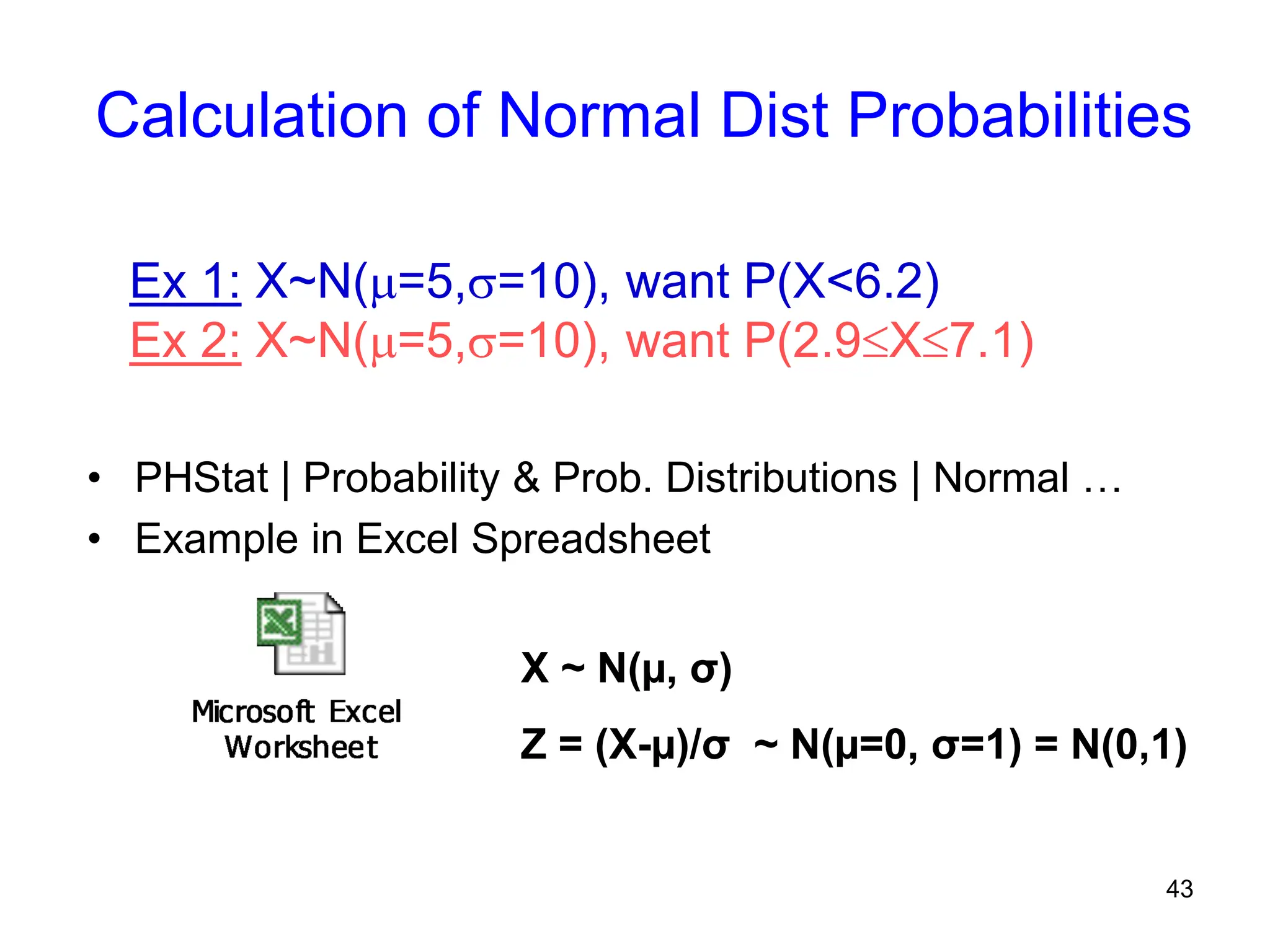 43
Calculation of Normal Dist Probabilities
• PHStat | Probability & Prob. Distributions | Normal …
• Example in Excel Spreadsheet
Ex 1: X~N(=5,=10), want P(X<6.2)
Ex 2: X~N(=5,=10), want P(2.9X7.1)
X ~ N(µ, σ)
Z = (X-µ)/σ ~ N(µ=0, σ=1) = N(0,1)
 