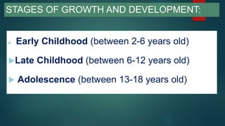 STAGES OF GROWTH AND DEVELOPMENT:
 Early Childhood (between 2-6 years old)
Late Childhood (between 6-12 years old)
 Adolescence (between 13-18 years old)
 