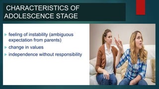 CHARACTERISTICS OF
ADOLESCENCE STAGE
 feeling of instability (ambiguous
expectation from parents)
 change in values
 independence without responsibility
 