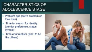CHARACTERISTICS OF
ADOLESCENCE STAGE
 Problem age (solve problem on
their own)
 Time for search for identity
(gender preference, status
symbol)
 Time of unrealism (want to be
like others)
 