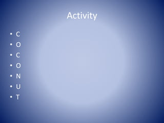 Activity
• C
• O
• C
• O
• N
• U
• T
 