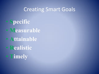 Creating Smart Goals
• Specific
• Measurable
• Attainable
• Realistic
• Timely
 