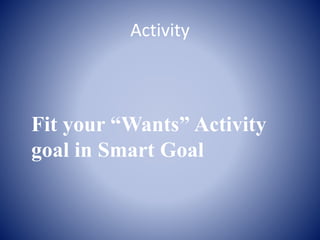 Activity
Fit your “Wants” Activity
goal in Smart Goal
 