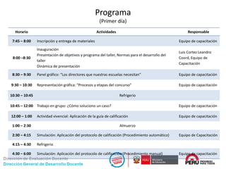 Programa
(Primer día)
Horario Actividades Responsable
7:45 – 8:00 Inscripción y entrega de materiales Equipo de capacitación
8:00 –8:30
Inauguración
Presentación de objetivos y programa del taller, Normas para el desarrollo del
taller
Dinámica de presentación
Luis Cortez Leandro
Coord, Equipo de
Capacitación
8:30 – 9:30 Panel gráfico: “Los directores que nuestras escuelas necesitan” Equipo de capacitación
9:30 – 10:30 Representación gráfica: “Procesos y etapas del concurso” Equipo de capacitación
10:30 – 10:45 Refrigerio
10:45 – 12:00 Trabajo en grupo: ¿Cómo soluciono un caso? Equipo de capacitación
12:00 – 1:00 Actividad vivencial: Aplicación de la guía de calificación Equipo de capacitación
1:00 – 2:30 Almuerzo
2:30 – 4:15 Simulación: Aplicación del protocolo de calificación (Procedimiento automático) Equipo de Capacitación
4:15 – 4:30 Refrigerio
4:30 – 6:00 Simulación: Aplicación del protocolo de calificación (Procedimiento manual) Equipo de capacitación
 