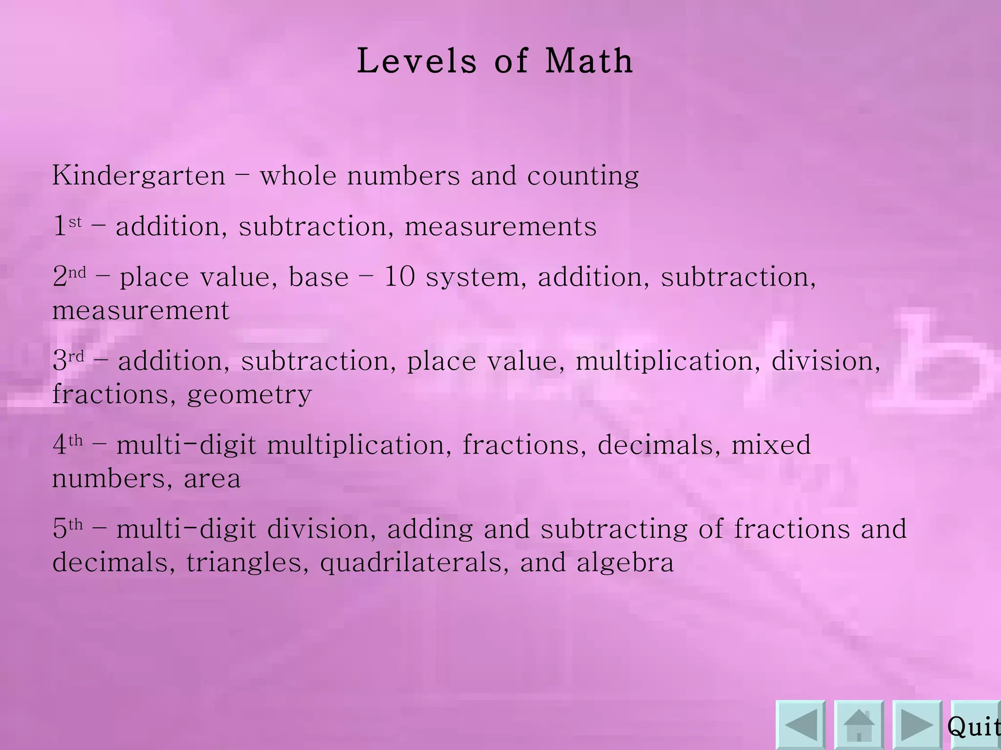 Levels of Math Kindergarten – whole numbers and counting 1 st  – addition, subtraction, measurements 2 nd  – place value, base – 10 system, addition, subtraction, measurement 3 rd  – addition, subtraction, place value, multiplication, division, fractions, geometry 4 th  – multi-digit multiplication, fractions, decimals, mixed numbers, area 5 th  – multi-digit division, adding and subtracting of fractions and decimals, triangles, quadrilaterals, and algebra Quit 