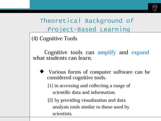 Theoretical Background of
Project-Based Learning
(4) Cognitive Tools
Cognitive tools can amplify and expand
what students can learn.
 Various forms of computer software can be
considered cognitive tools.
[1] in accessing and collecting a range of
scientific data and information.
[2] by providing visualization and data
analysis tools similar to those used by
scientists.

 