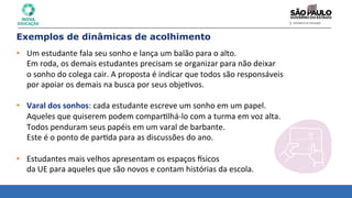 Exemplos de dinâmicas de acolhimento
• Um	
  estudante	
  fala	
  seu	
  sonho	
  e	
  lança	
  um	
  balão	
  para	
  o	
  alto.	
  	
  
Em	
  roda,	
  os	
  demais	
  estudantes	
  precisam	
  se	
  organizar	
  para	
  não	
  deixar	
  	
  
o	
  sonho	
  do	
  colega	
  cair.	
  A	
  proposta	
  é	
  indicar	
  que	
  todos	
  são	
  responsáveis	
  	
  
por	
  apoiar	
  os	
  demais	
  na	
  busca	
  por	
  seus	
  obje8vos.	
  
	
  
• Varal	
  dos	
  sonhos:	
  cada	
  estudante	
  escreve	
  um	
  sonho	
  em	
  um	
  papel.	
  	
  
Aqueles	
  que	
  quiserem	
  podem	
  compar8lhá-­‐lo	
  com	
  a	
  turma	
  em	
  voz	
  alta.	
  	
  
Todos	
  penduram	
  seus	
  papéis	
  em	
  um	
  varal	
  de	
  barbante.	
  	
  
Este	
  é	
  o	
  ponto	
  de	
  par8da	
  para	
  as	
  discussões	
  do	
  ano.	
  
	
  
• Estudantes	
  mais	
  velhos	
  apresentam	
  os	
  espaços	
  osicos	
  	
  
da	
  UE	
  para	
  aqueles	
  que	
  são	
  novos	
  e	
  contam	
  histórias	
  da	
  escola.	
  
 
