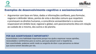 Exemplos de desenvolvimento cognitivo e socioemocional
• Argumentar	
  com	
  base	
  em	
  fatos,	
  dados	
  e	
  informações	
  conﬁáveis,	
  para	
  formular,	
  
negociar	
  e	
  defender	
  ideias,	
  pontos	
  de	
  vista	
  e	
  decisões	
  comuns	
  que	
  respeitem	
  	
  
e	
  promovam	
  os	
  direitos	
  humanos,	
  a	
  consciência	
  socioambiental	
  e	
  o	
  consumo	
  
responsável	
  em	
  âmbito	
  local,	
  regional	
  e	
  global,	
  com	
  posicionamento	
  é8co	
  em	
  relação	
  
ao	
  cuidado	
  de	
  si	
  mesmo,	
  dos	
  outros	
  e	
  do	
  planeta.	
  
POR	
  QUE	
  ASSERTIVIDADE	
  É	
  IMPORTANTE?	
  	
  
Asser8vidade	
  é	
  uma	
  habilidade	
  importante	
  porque	
  nos	
  ajuda	
  a	
  expressar	
  nossas	
  opiniões,	
  
necessidades	
  e	
  sen8mentos	
  para	
  os	
  outros,	
  para	
  que	
  possam	
  ouvir	
  e	
  respeitá-­‐las.	
  	
  
Sem	
  asser8vidade,	
  podemos	
  sen8r	
  medo	
  ou	
  vergonha	
  de	
  dizer	
  o	
  que	
  pensamos	
  ou	
  deixar	
  	
  
que	
  outros	
  tomem	
  decisões	
  por	
  nós.	
  	
  	
  
 