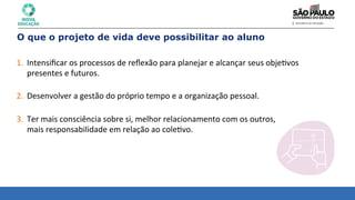 O que o projeto de vida deve possibilitar ao aluno
1. Intensiﬁcar	
  os	
  processos	
  de	
  reﬂexão	
  para	
  planejar	
  e	
  alcançar	
  seus	
  obje8vos	
  	
  
presentes	
  e	
  futuros.	
  
	
  
2. Desenvolver	
  a	
  gestão	
  do	
  próprio	
  tempo	
  e	
  a	
  organização	
  pessoal.	
  	
  
	
  
3. Ter	
  mais	
  consciência	
  sobre	
  si,	
  melhor	
  relacionamento	
  com	
  os	
  outros,	
  	
  
mais	
  responsabilidade	
  em	
  relação	
  ao	
  cole8vo.	
  
 