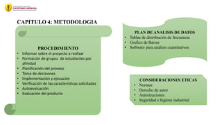 CAPITULO 4: METODOLOGIA
PROCEDIMIENTO
• Informar sobre el proyecto a realizar
• Formación de grupos de estudiantes por
afinidad
• Planificación del proceso
• Toma de decisiones
• Implementación y ejecución
• Verificación de las características solicitadas
• Autoevaluación
• Evaluación del producto
PLAN DE ANALISIS DE DATOS
• Tablas de distribución de frecuencia
• Grafico de Barras
• Software para análisis cuantitativos
CONSIDERACIONES ETICAS
• Normas
• Derecho de autor
• Autorizaciones
• Seguridad e higiene industrial
 