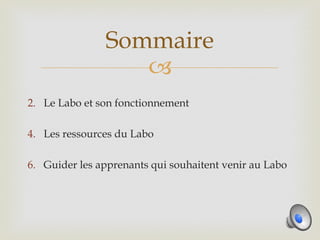 Sommaire
                  
2. Le Labo et son fonctionnement

4. Les ressources du Labo

6. Guider les apprenants qui souhaitent venir au Labo
 
