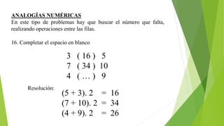 ANALOGÍAS NUMÉRICAS
En este tipo de problemas hay que buscar el número que falta,
realizando operaciones entre las filas.
16. Completar el espacio en blanco
3 ( 16 ) 5
7 ( 34 ) 10
4 ( … ) 9
(5 + 3). 2 = 16
(7 + 10). 2 = 34
(4 + 9). 2 = 26
Resolución:
 