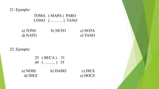 21. Ejemplo:
TOMA ( MAPA ) PARO
CONO (………. ) TANO
a) TONE b) NETO c) NOTA
d) NATO e) TANO
22. Ejemplo:
25 ( BECA ) 31
49 ( ……... ) 35
a) NOSE b) DADO c) DICE
d) DIEZ e) DOCE
 